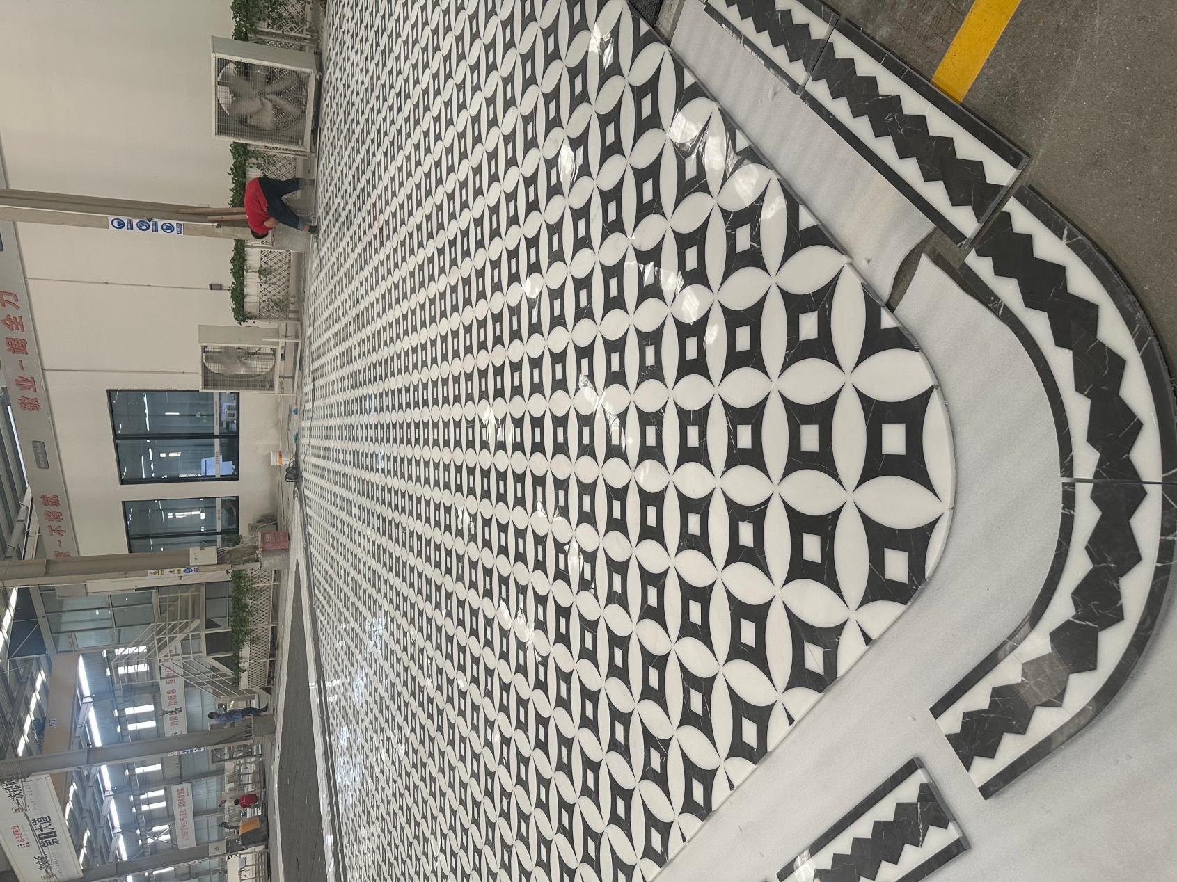 Marble Waterjet Medallion Floor Inlay  Bulgaria Grey & Columbia White (3)